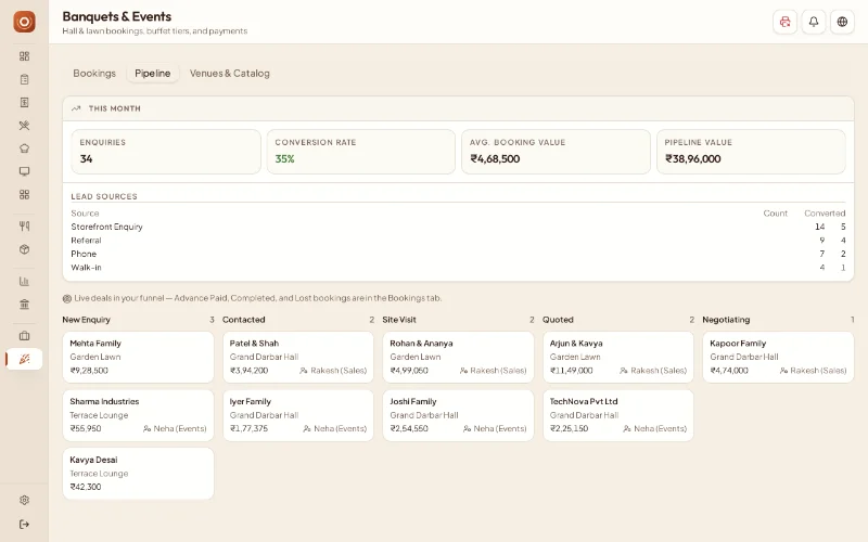 Palateflow Banquets & Events pipeline: this month's enquiries, conversion rate and pipeline value, lead sources, and deals moving from New Enquiry to Negotiating