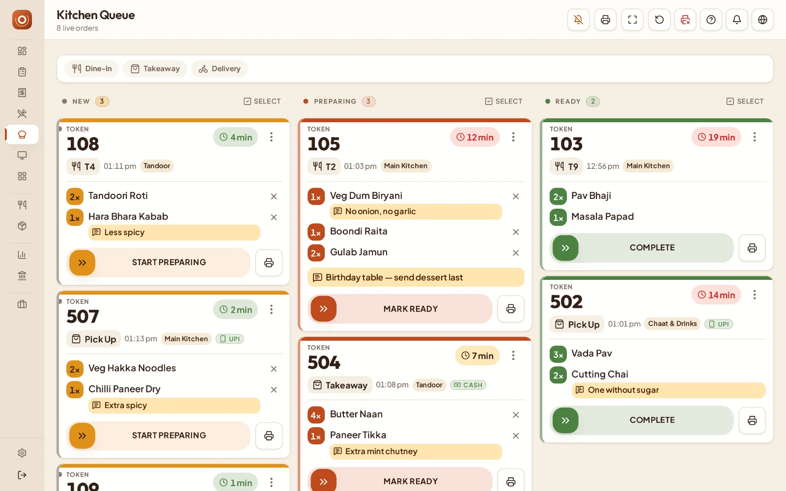The Palateflow Kitchen board during a lunch rush: tickets 108, 507 and 109 in New, 105 and 504 in Preparing, 103 and 502 in Ready, each with its minute timer, station and quantity-first items