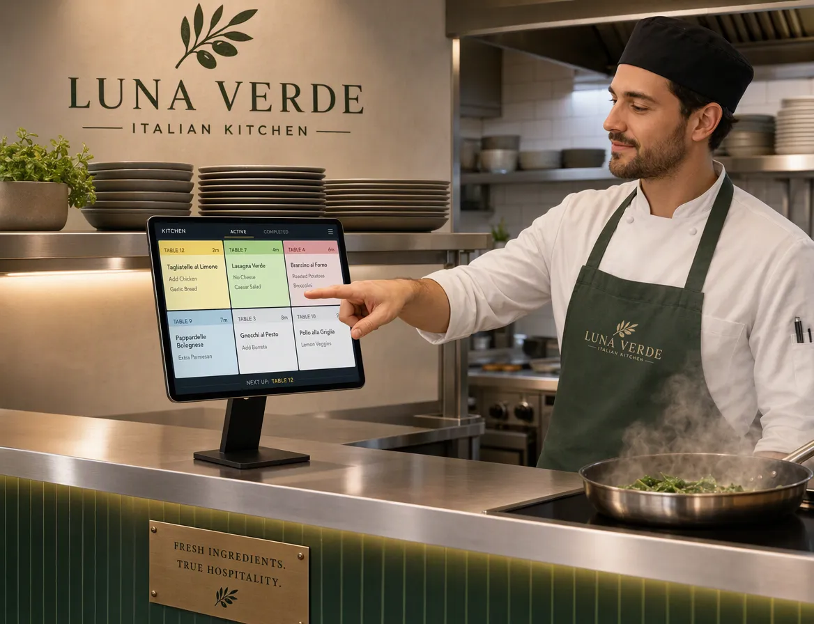 Every order appears instantly on a kitchen screen, organized by station.