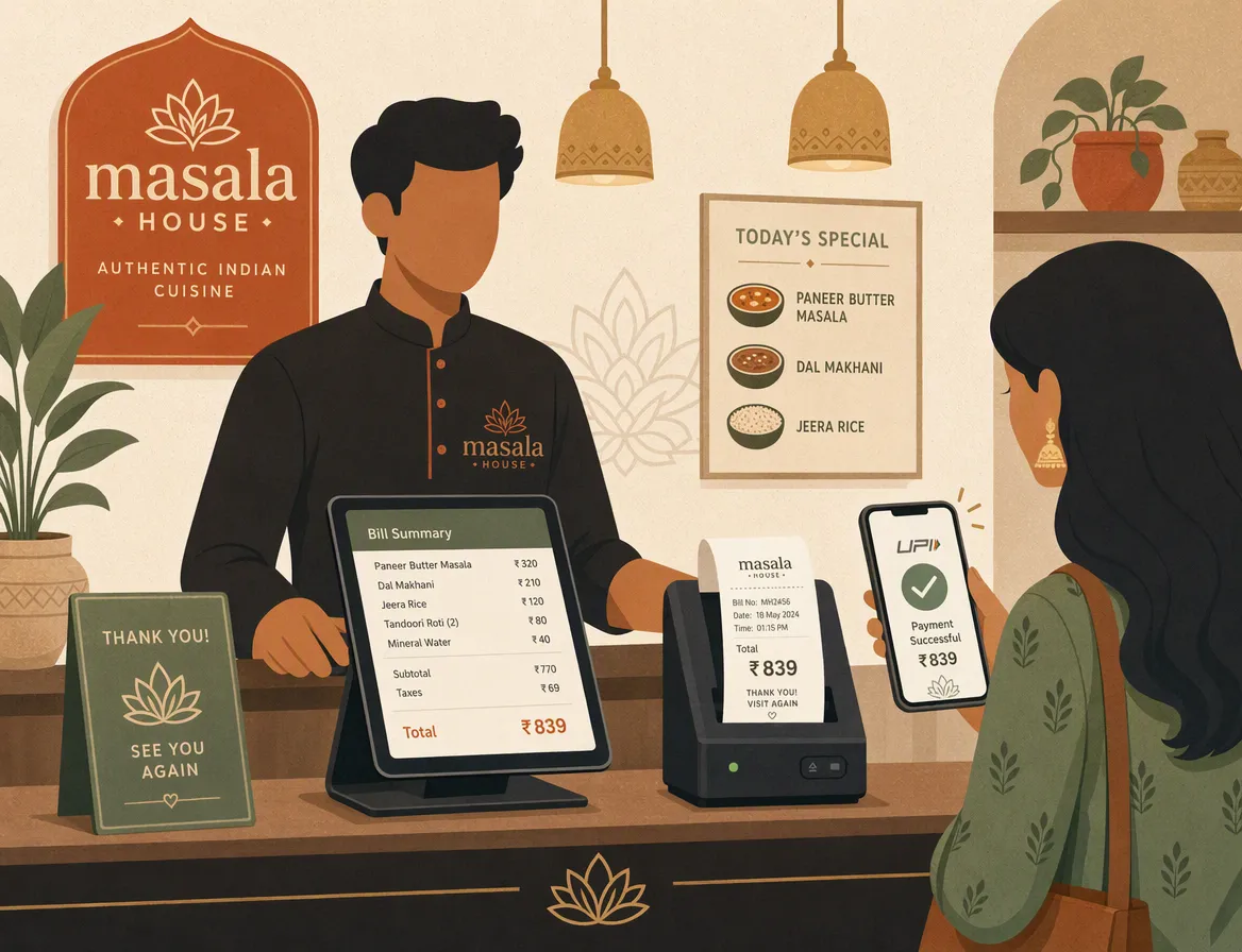 Tap the items, the bill and GST calculate themselves, take payment on the spot.