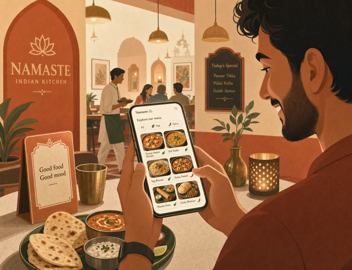 A vivid photo-led digital menu with clear tags, easy to filter at a glance.
