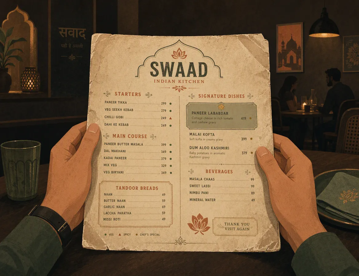 A worn paper menu with no photos, no veg/spice/allergen indication.