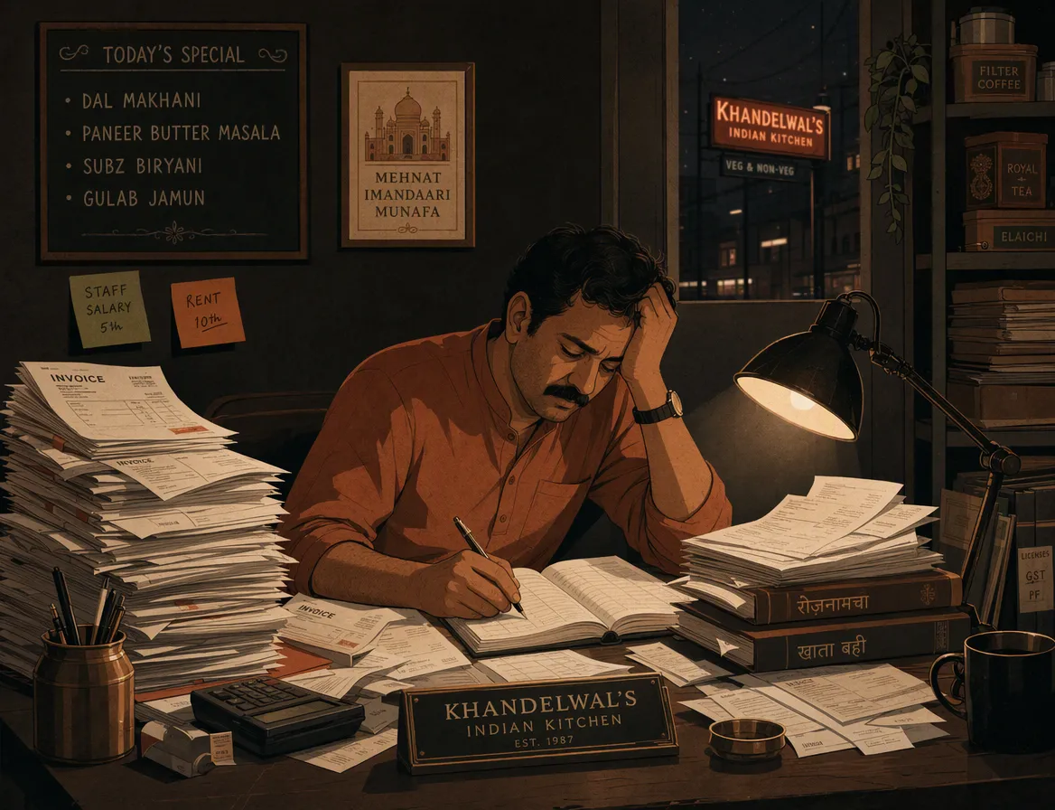 An exhausted owner buried under stacks of paper invoices and ledgers.