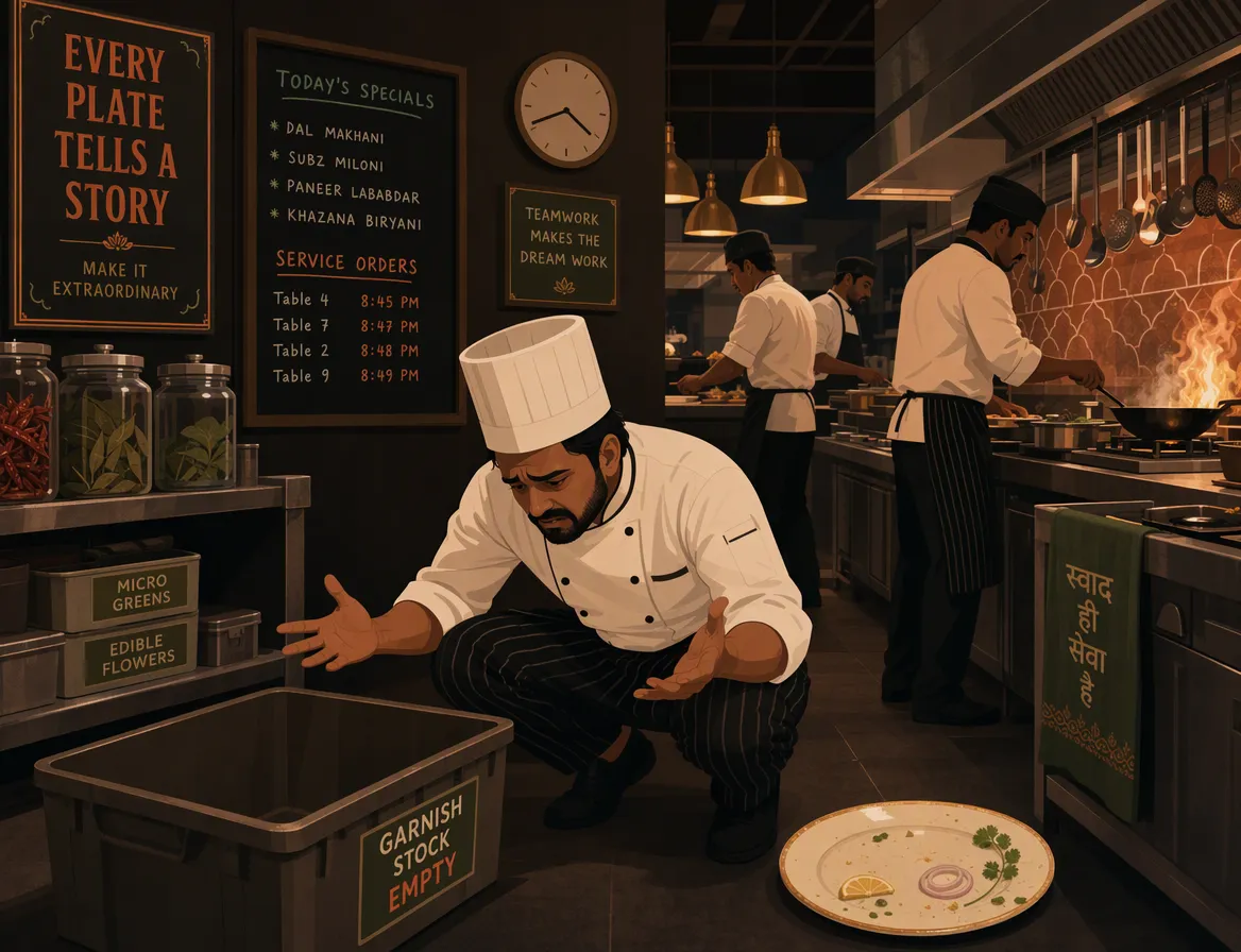 A chef reaching for a key ingredient mid-service only to find the bin empty.