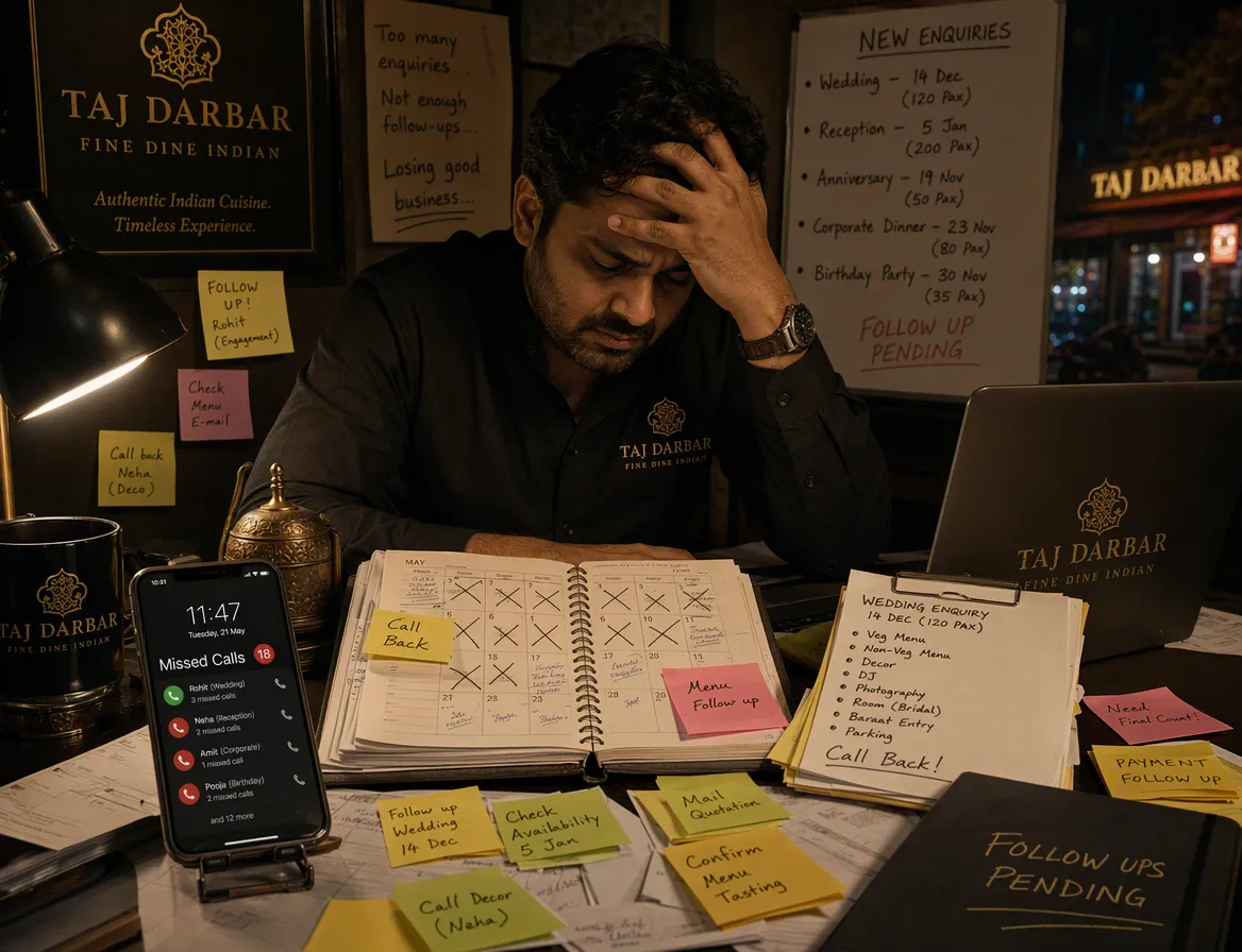 Wedding and event enquiries scattered across WhatsApp chats and a paper diary.